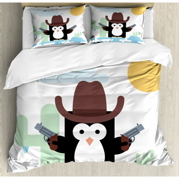 Rodeo Duvet Cover Set Queen Size, Cowboy Penguin with Tools and a Hat in Front of Cactus Wild West Kids Cartoon, Decorative 3 Piece Bedding Set with 2 Pillow Shams, Multicolor, by Ambesonne