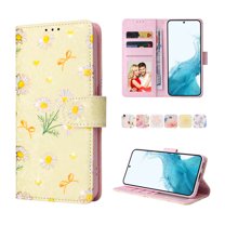 Nalacover Wallet Case for Samsung Galaxy S22, Bling Flower Pattern PU Leather Wrist Strap Handbag Magnetic Clasp Flip Cover with Kickstand Card Slots Holder Soft TPU Shockproof Case,Yellow Daisy