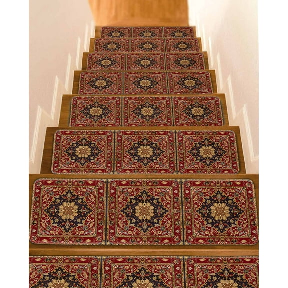 Red Boho Stair Treads for Wooden Steps Indoor Runner Rug Carpet, Contemporary Abstract Ethnic Vintage Geometric 7 Pieces Peel and Stick Staircase Step Treads Covers Washable Throw Door Mats, 30"x8"