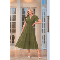thumbnail image 2 of V-Neck Pleated Puff Sleeves Long-Sleeved Dress Green M, 2 of 4