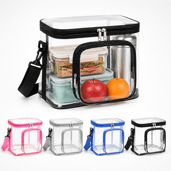 Wodellrrea Clear Insulated Lunch Bag with Shoulder Strap | Waterproof Transparent Cooler Bag with Double Zippers | Reusable Lunch Box Large Tote Bag for Shopping, Picnic, Work, School