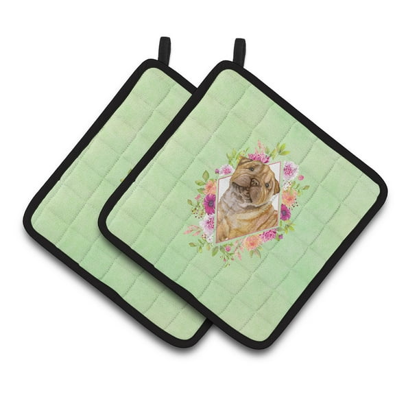 Carolines Treasures CK4341PTHD Shar Pei Green Flowers Pair of Pot Holders 7.5HX7.5W multicolor