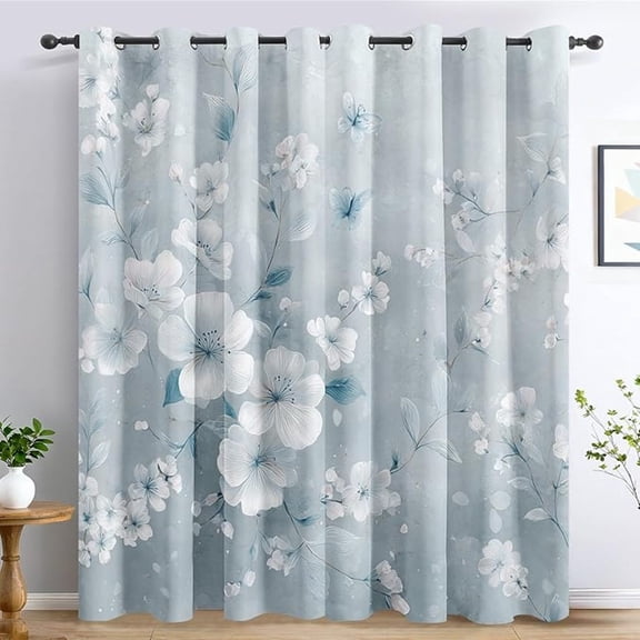 Blue Flower Curtains for Living Room, Thermal Insulated Watercolor Floral Blackout Curtains, Grommet Drapes Window, Botanical Leaf Bedroom Decor 26"W x 63"L (Pack of 2)