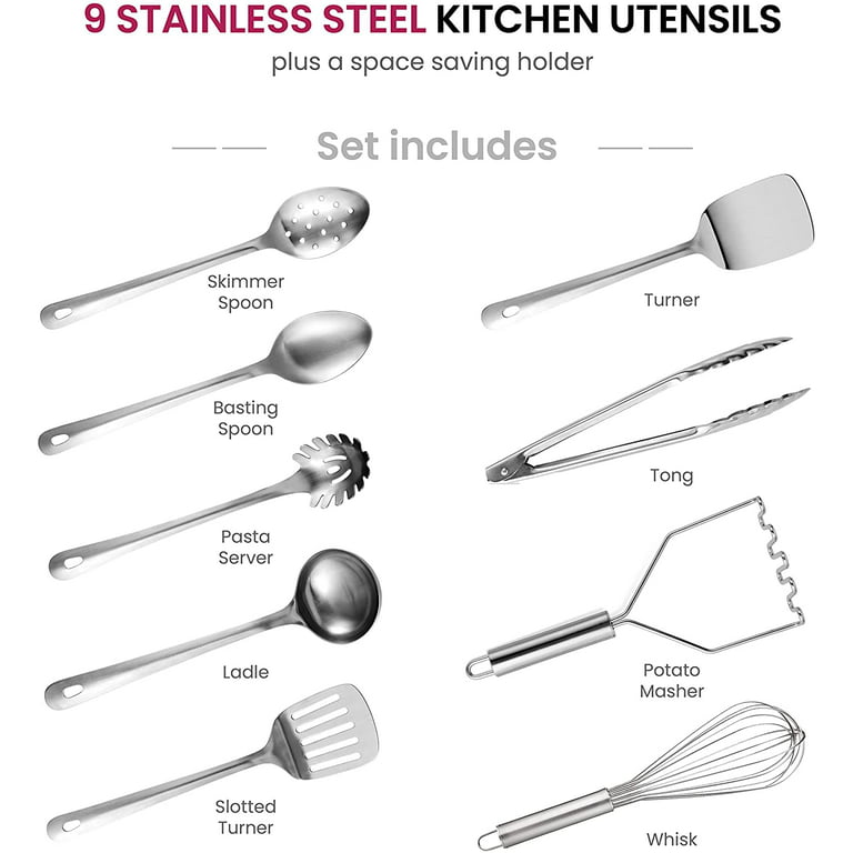  Stainless-Steel Kitchen Utensil Set - 10-piece premium Nonstick  & Heat Resistant Kitchen Gadgets, Turner, Spaghetti Server, Ladle, Serving  Spoons, Whisk, Tongs, Potato Masher and Utensil Holder : Home & Kitchen