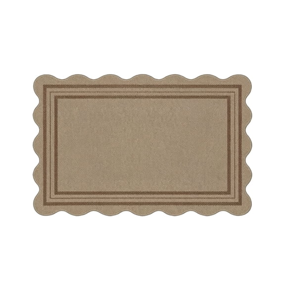 Scalloped Linen Textured Entryway Rug Beige Non Slip Washable Indoor Floor Mat