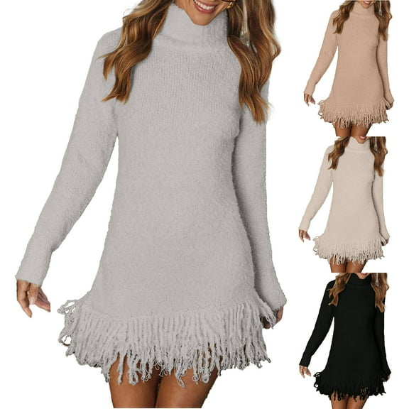 Women's Fall Winter Fringed High Neck Knit Sweater Dress, Fashionable and Chic Sweater Dress with Fringe Details for a Trendy Casual Appearance,Beige,L