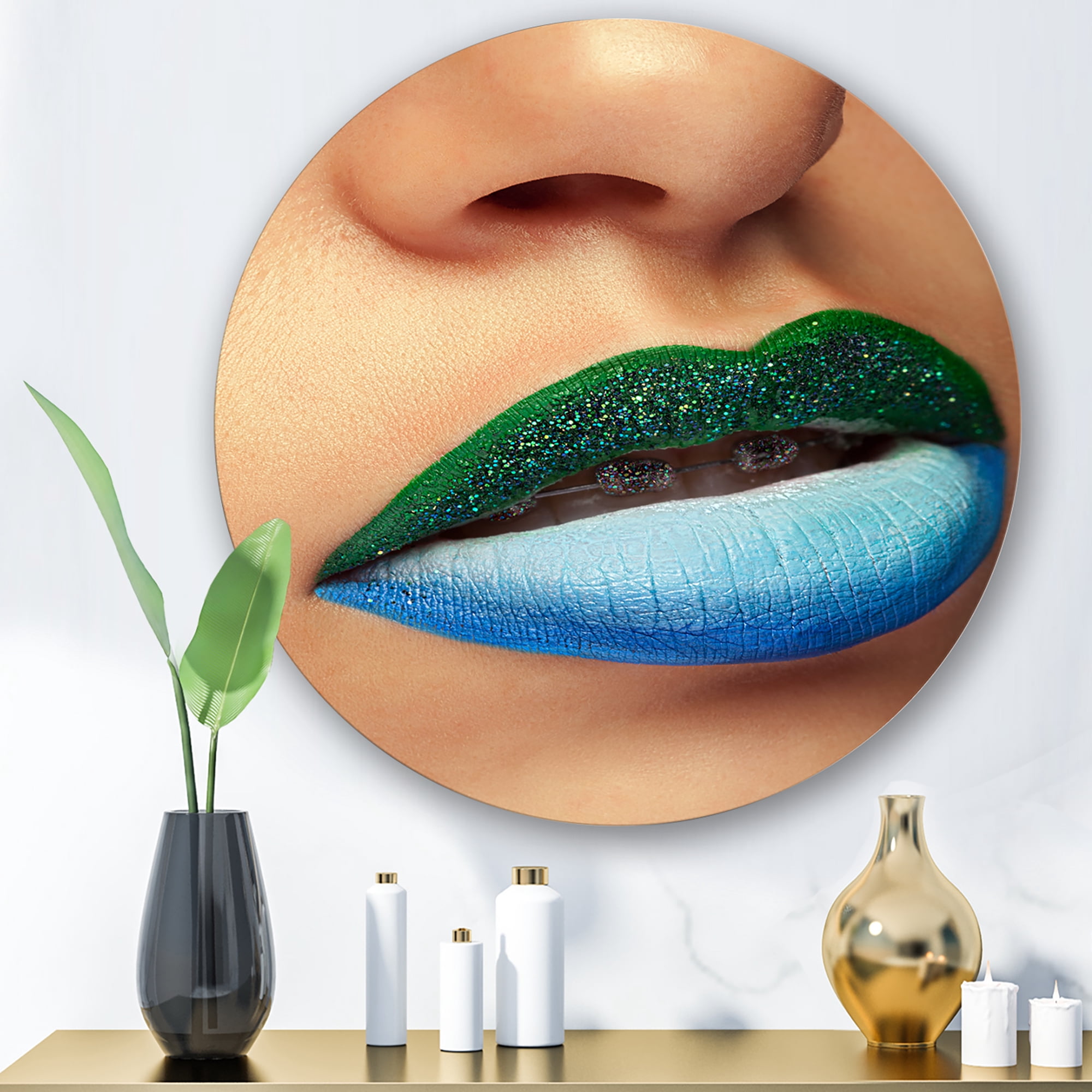 Designart 'Close Up Woman Lips With Fashion Make Up and Brackets' Modern Circle Metal Wall Art 11x11 - Disc of 11