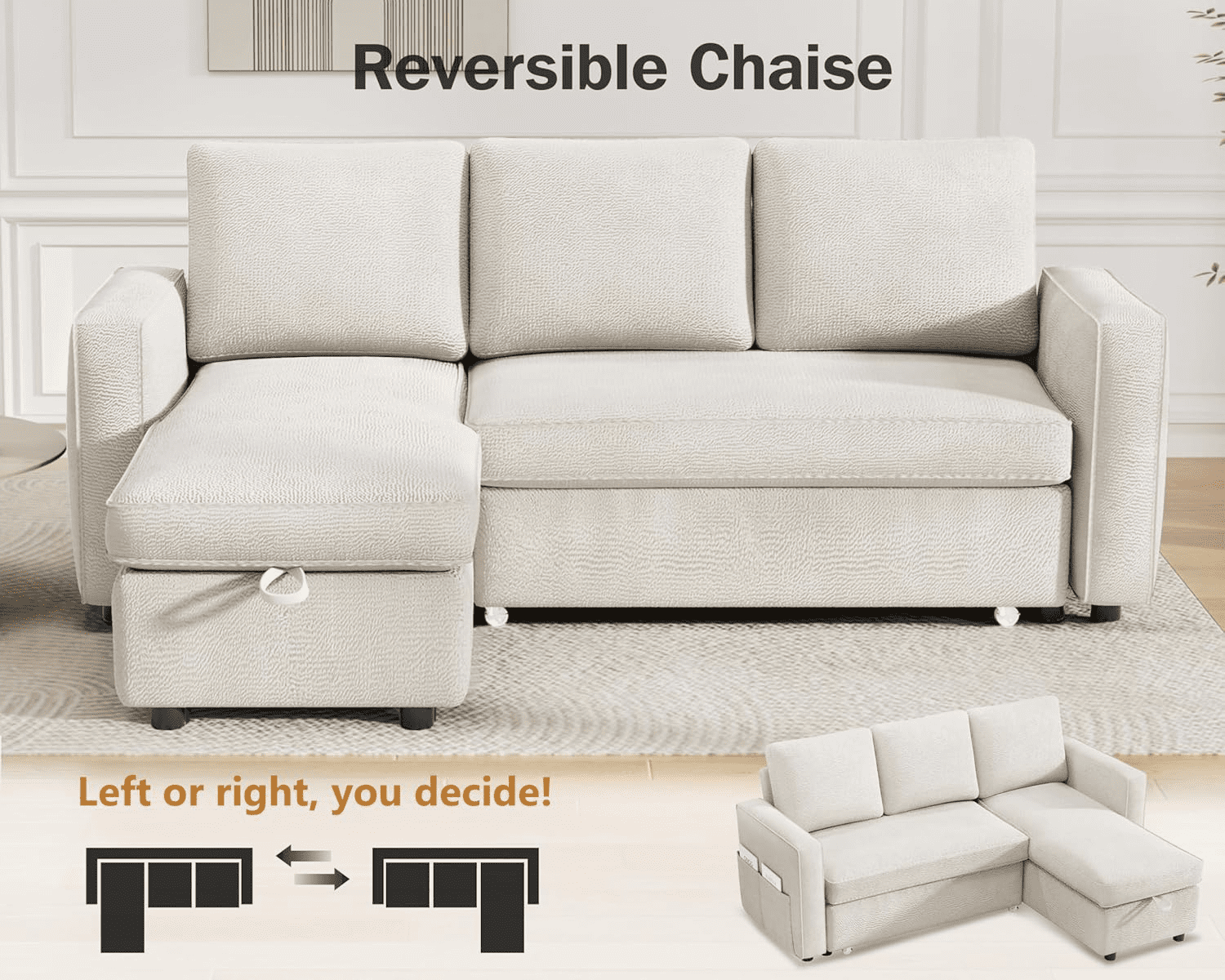 Vipbear 81" Sleeper Sofa Bed with Pull Out Bed, L Shaped Couch Sectional Sleeper Sofa, Pull Out Couch with Reversible Storage Chaise, Side Pockets, Chenille Beige