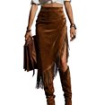 thumbnail image 2 of AUNVITO Women's High Waist Asymmetric Fringe Slit Slim Fit Mid-Length Skirt Boho Chic-Style Style, 2 of 9
