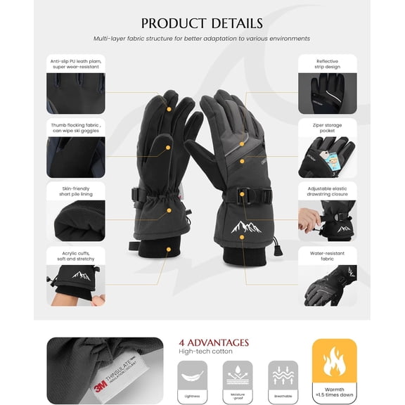 XINDUO-Ski Gloves for Men Women - Winter Snow Windproof Waterproof Skiing Snowboarding for Cold Weather Warm