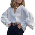 thumbnail image 2 of Women'S Pleated V Neck Puff Long Sleeve Button Down Blouse White XL, 2 of 8