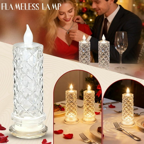 LED Crystal Candle Lights, Rose Shadow LED Flameless Candles, Glass Battery Operated Led Flameless Candles for Valentines Anniversary Wedding Christmas Decorations (White Rose, 2)