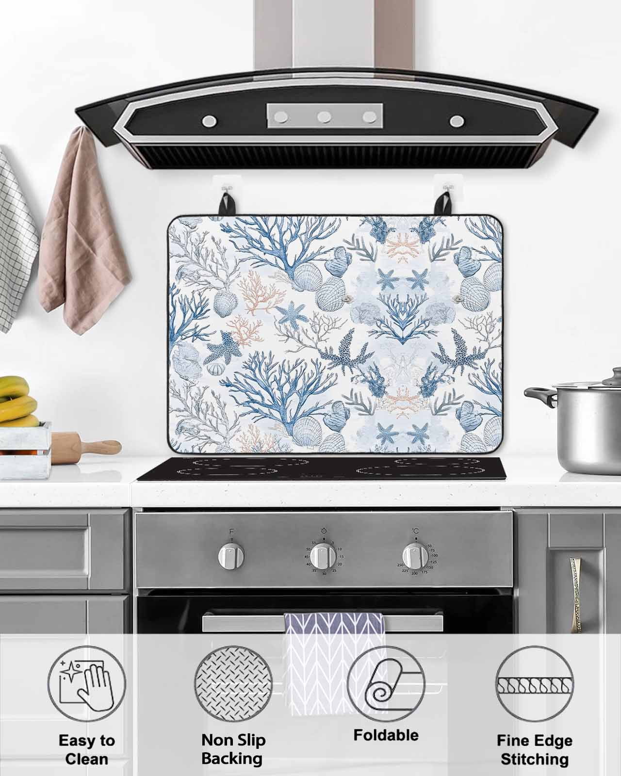 nqOlkjepod Large Induction Cooktop Protector Mat 24"x21", Coastal Coral Stove Top Covers for Electric Stove, Vintage Ocean Blue Starfish Conch Nature Stove Burner Cover Mats, Glass Top Stove Cover