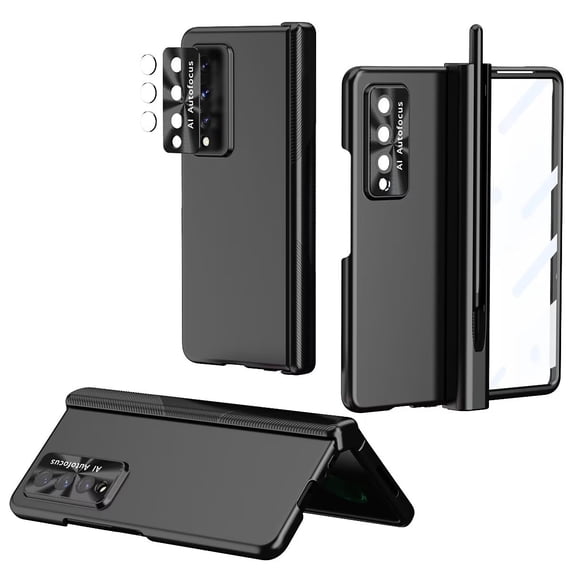 MonsDirect for 7.6 inch Samsung Galaxy Z Fold 4 5G 2022 Case with S Pen & S Pen Holder, Two Hinge Protection Plating Frame PC Cover, Shell Membrane Integrated Case with Stand & Lens Protection, Black
