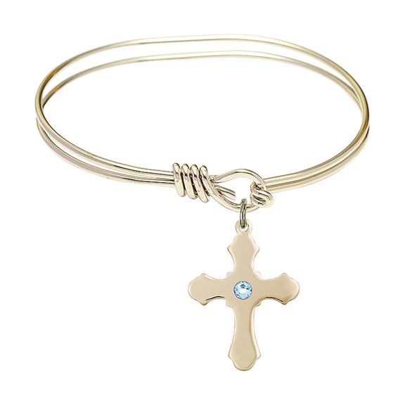 5 3/4 inch Oval Eye Hook Bangle Bracelet w/ Cross medal charm w/ March Blue Swarovski Crystal