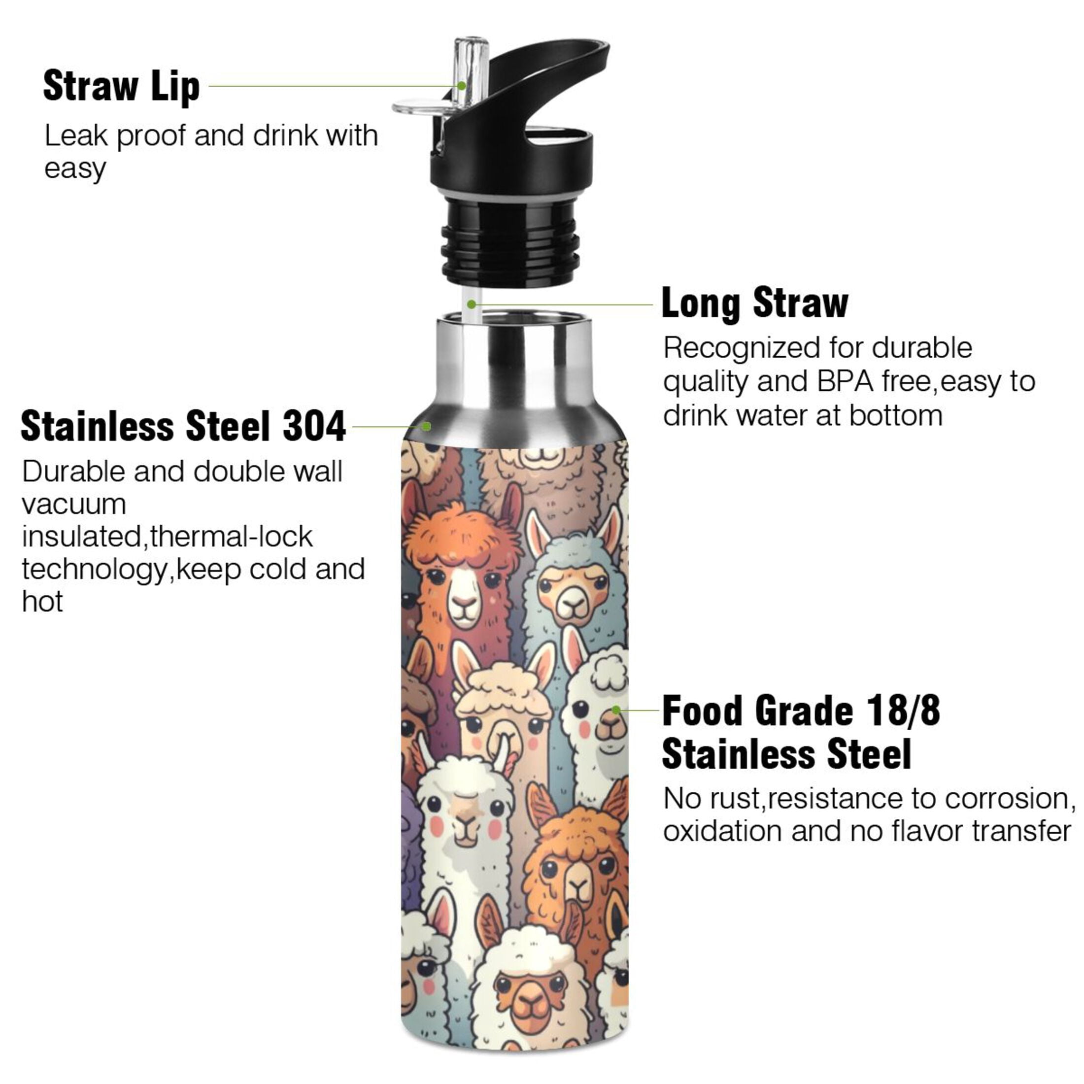 Water Bottles 20oz Straw Lid Wide Mouth Stainless Steel for School Sport Travel Alpaca Llama Animal Faces
