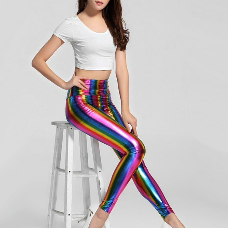 HGYCPP Womens Hologram Metallic Rainbow Leggings Glitter Neon Tights  Stripes Printed High Waist Yoga Pants Faux Leather Party Clubwear