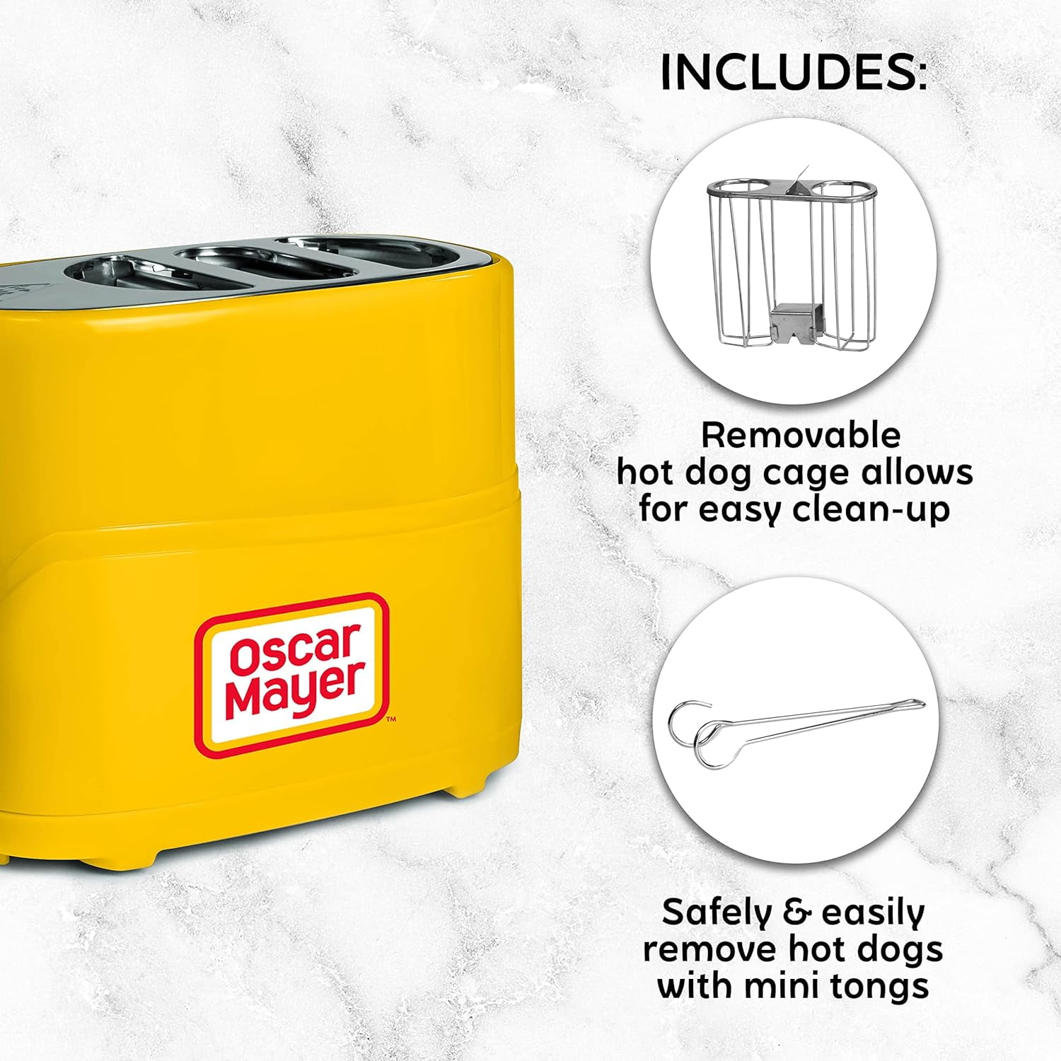 Nostalgia 2-Slot Oscar Mayer Bun and Hot Dog Toaster with Removable Hot Dog Cage and Mini Tongs, Yellow
