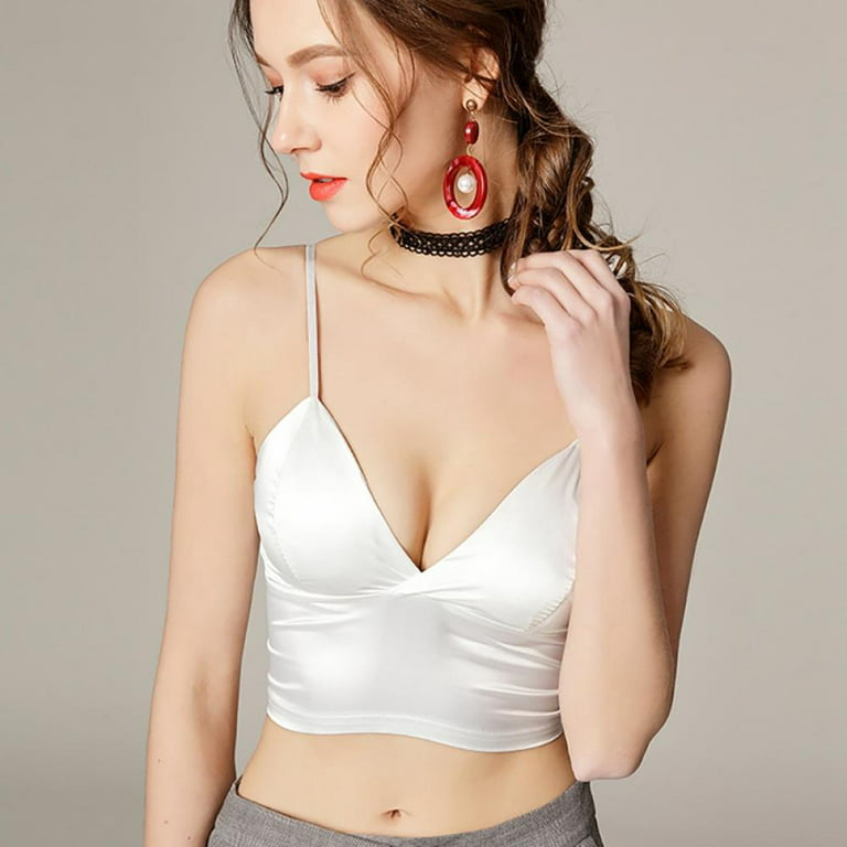 Satin Bralette for Women Triangle Cups Wireless Deep V Neck Bras Pull On  Closure Croptops Bottoming Underwear for Lady Teen