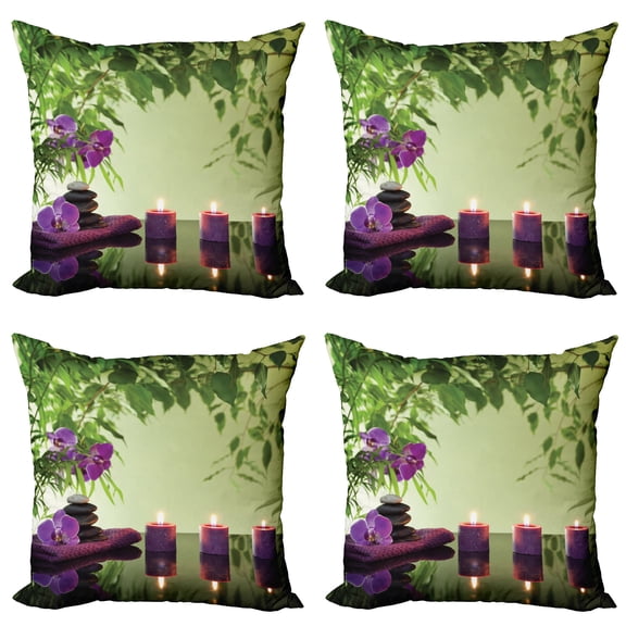 Ambesonne Peace Throw Pillow Cover 4 Pack, Spa Candles Orchids Bloom, 16", Pale Green Fern Green