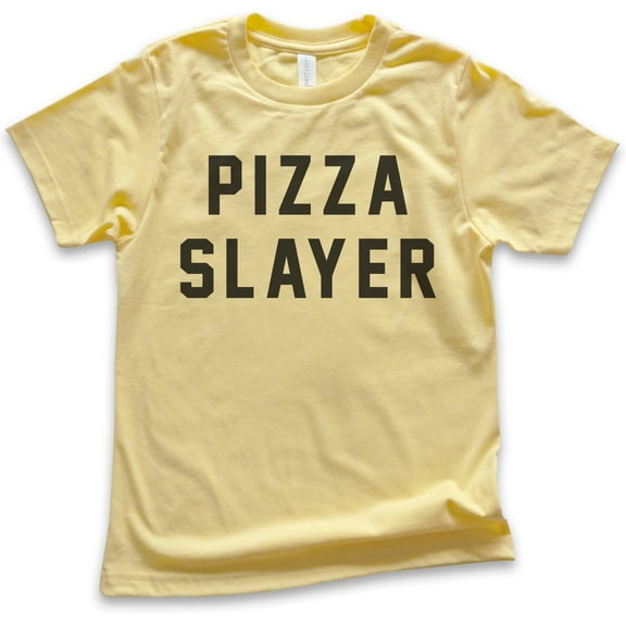 Kids Pizza Slayer T-shirt, Youth Kids Boy Girl T-Shirt, Pizza Shirt, Yellow, Medium