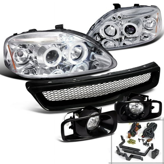 Spec-D Tuning Chrome LED Projector Halo Headlights   ABS Black Grille   Fog Lamps Compatible with 1999-2000 Honda Civic Left   Right Pair Headlamps Assembly
