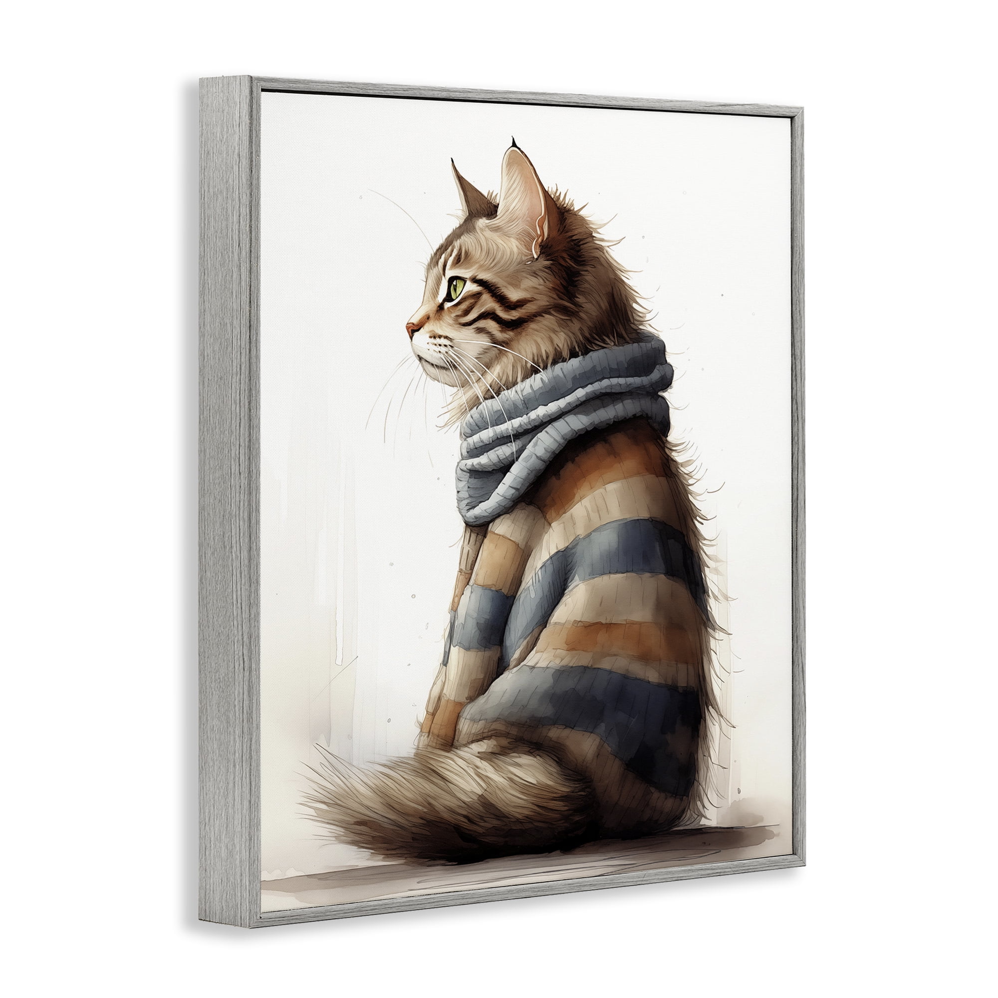 Stupell Industries Cat in Striped Sweater Animals & Insects Painting Gray Framed Art Print Wall Art, 16 x 20