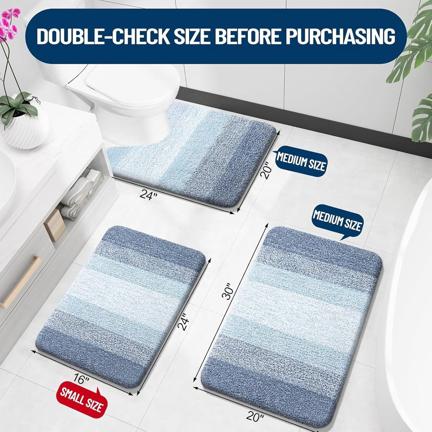 Bathroom Rugs Sets 3 Piece, Soft Absorbent Microfiber Bath Mats and U-Shaped Contour Toilet Rug, Machine Wash Dry, Plush Shaggy Bath Mat Set for Bathroom