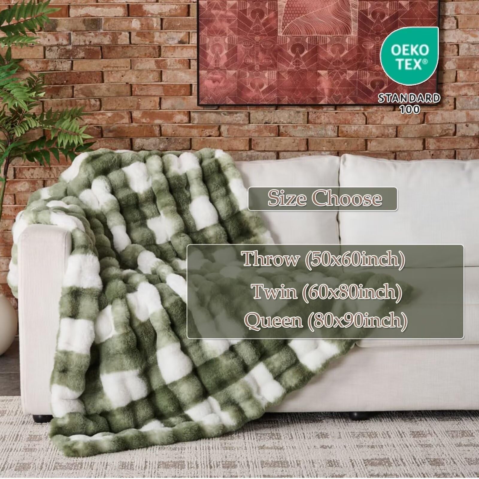 760GSM Faux Rabbit Faux Fur Throw Blanket,Super Thick Warm Bubble Blanket Throw,Fuzzy Luxury Plush Decorative Blanket for Couch Bed Sofa(Sage Green Grid Print,60''x 80'')