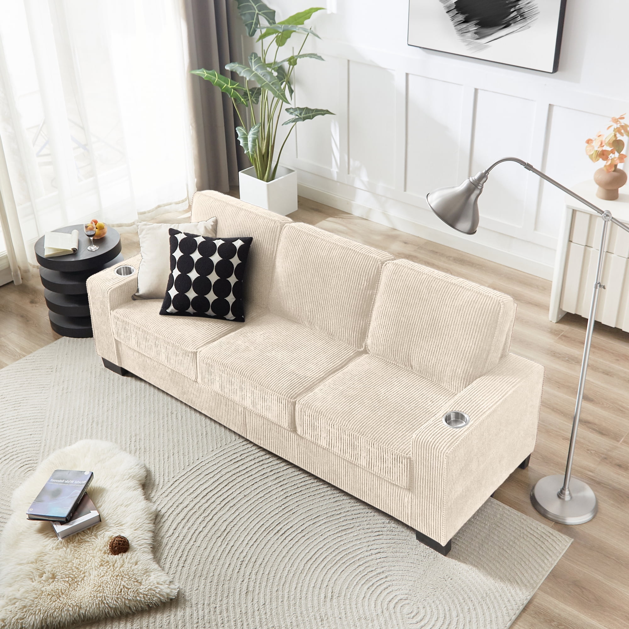 Leumius 83.86" Corduroy Sofa,3 Seater Sofa Couch with Deep Seats,Armrests and Cupholders for Living Room, Bedroom, Apartment, Office,Beige