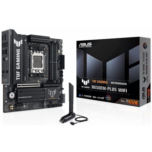 mother amd b650em-plus wifi asus tuf gaming am5 ddr5 256gb m-atx 90mb1lu0-moeay0 placa madre negra TUF Gaming en vista frontal 3/4 con socket AM5 visible; disipadores en VRM, chipset y M.2; ranuras para DDR5 y soporte PCIe 5.0; antena WiFi externa y caja al lado; conexión destacada Ethernet 2.5G y puerto USB-C, adecuada para builds gaming y multitarea.