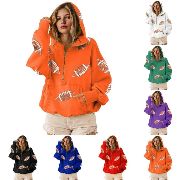 Women Oversized Game Day Hoodies Long Sleeve Half Zipper Pullover Sequins Football Print Sweatshirt with Kangaroo Pocket