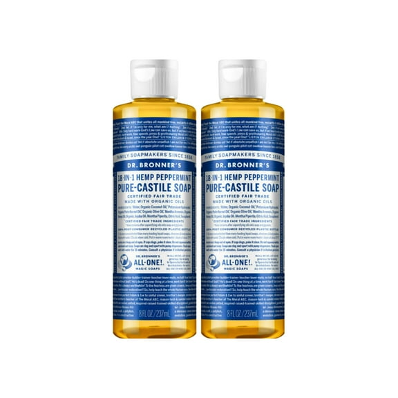2X - Dr. Bronners Organic Peppermint Liquid Soap - 18-In-1 All-Purpose Cleaner With Invigorating Peppermint Oil - 8 Oz Size - Gentle Cleansing For Body, Face, Home - Natural, Organic Formula (2-Pack)