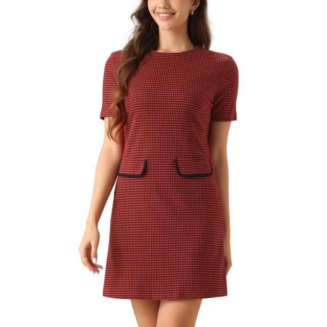 INSPIRE CHIC Vestido de Trabajo para Mujeres de Manga Corta Estilo Vintage con Cuadros Houndstooth Talla XS Rojo Houndstooth
