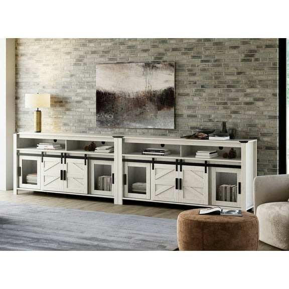 2-in-1 Farmhouse TV Stands for 100  Inch TV, Antique White 118" Wooden Entertainment Center with Mesh and Barn Doors, Set of 2 TV Console with Open Storage Space for Living Room, Bedroom