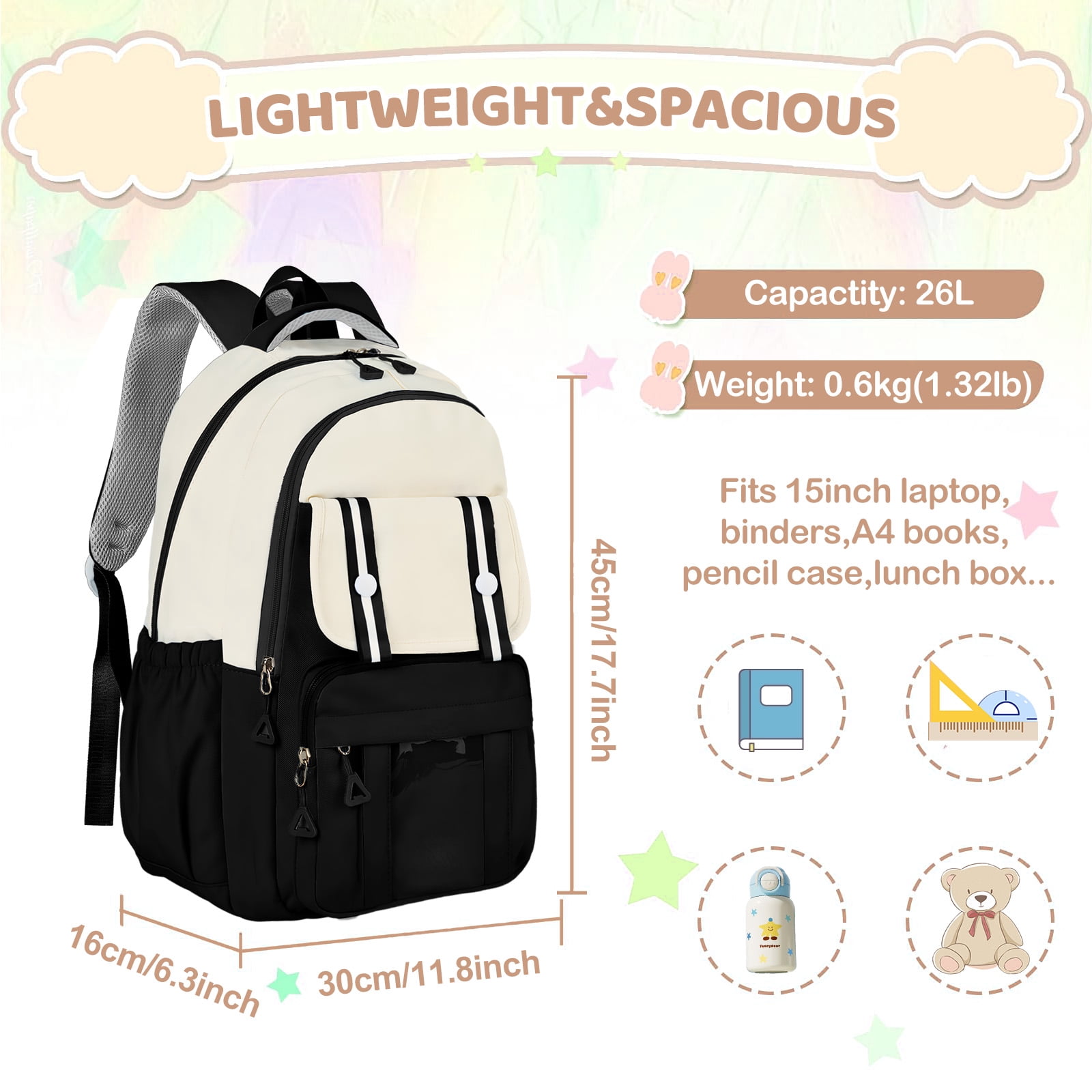 DAKIMOE Kids Backpack, Large Capacity School Bookbag for 15.6 Inch Laptop, Water-Resistant Cute Girl Backpacks for Teen adults, Lightweight Travel Daypack for Middle School College