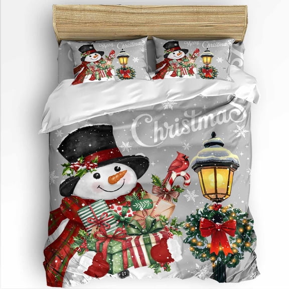 Christmas Snowman King Size Comforter Set, Xmas Box Winter Snow Wreaths Lights Grey Soft Bedding for All Seasons, 4 Pcs Bed Set with 1Comforter (90"x106") ,1 Sheet(94"x116"), 2 Pillowcases (19"x35")