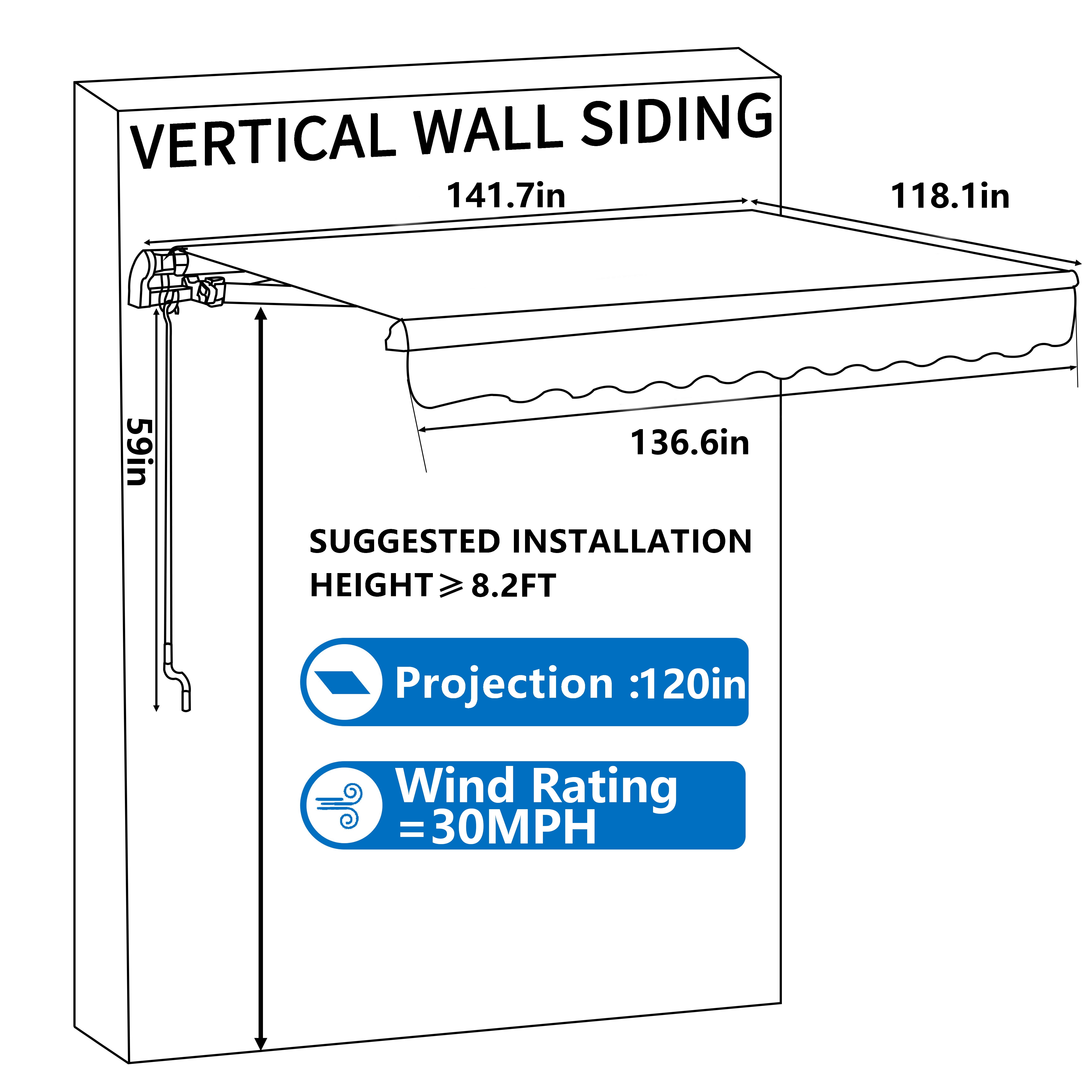 VEIKOUS 12' x 10' Outdoor Awning, Retractable Sun/Rain Shade Awning W/Manual Crank for Patio, Deck, Door, Beige