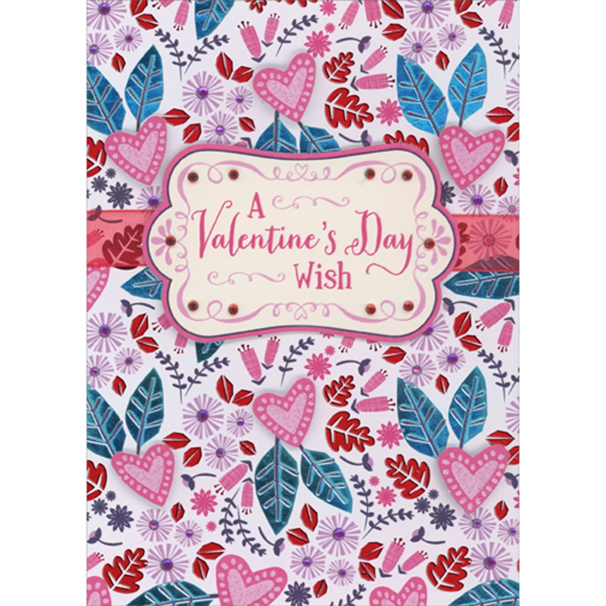 Designer Greetings A Valentine s Wish 3D Die Cut Banner Over Pink Ribbon 3D Hearts Gems and Foil Leaves Hand Decorated Valentine s Day Card
