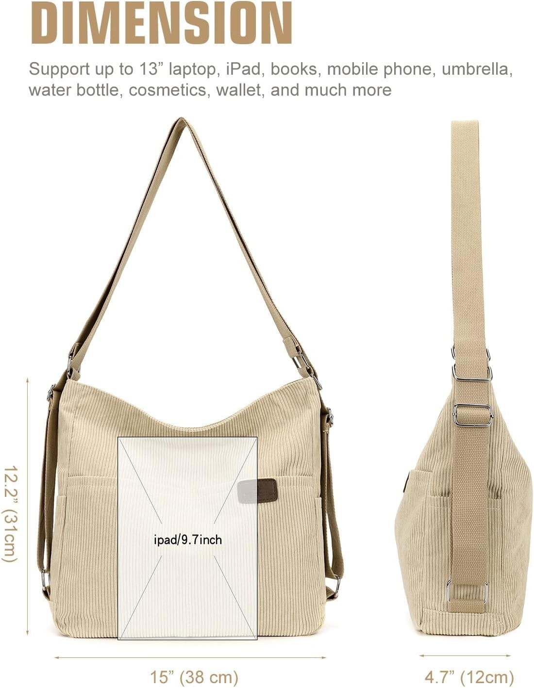 Kwuty Corduroy Tote Bag for Women Convertible Backpack Purse Crossbody Hobo Shoulder Bag with Multi Pockets Compartments