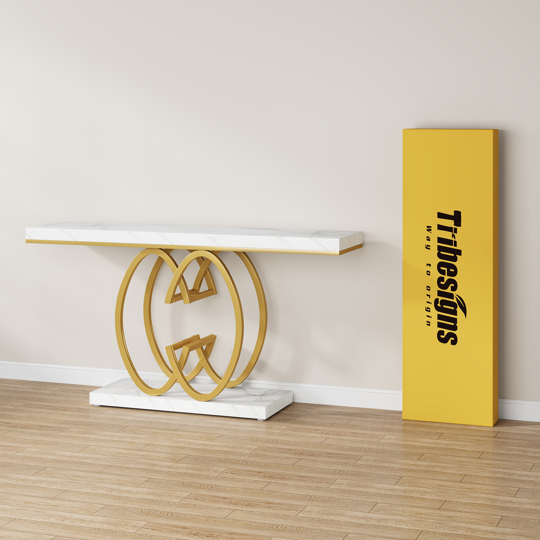 Tribesigns 55 Inch Console Table for Hallway, Faux Marble Gold Entryway Table with Geometric Metal Base, Modern Narrow Sofa Accent Table for Entrance, Living Room, Foyer