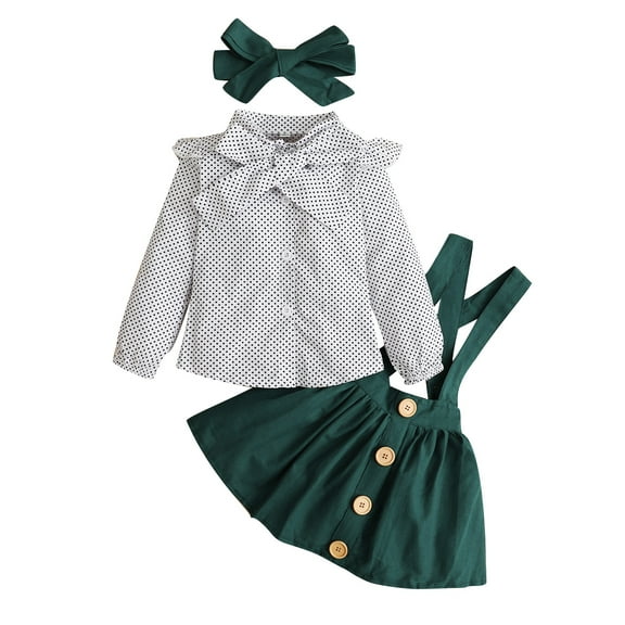Mikrdoo Baby Girls Fall Outfits 0 Months Baby Girls Wave Point Print 3 Months Baby Girls Shirts Straps Suspender Skirts Headband 3Pcs Fall Clothes Set,Green