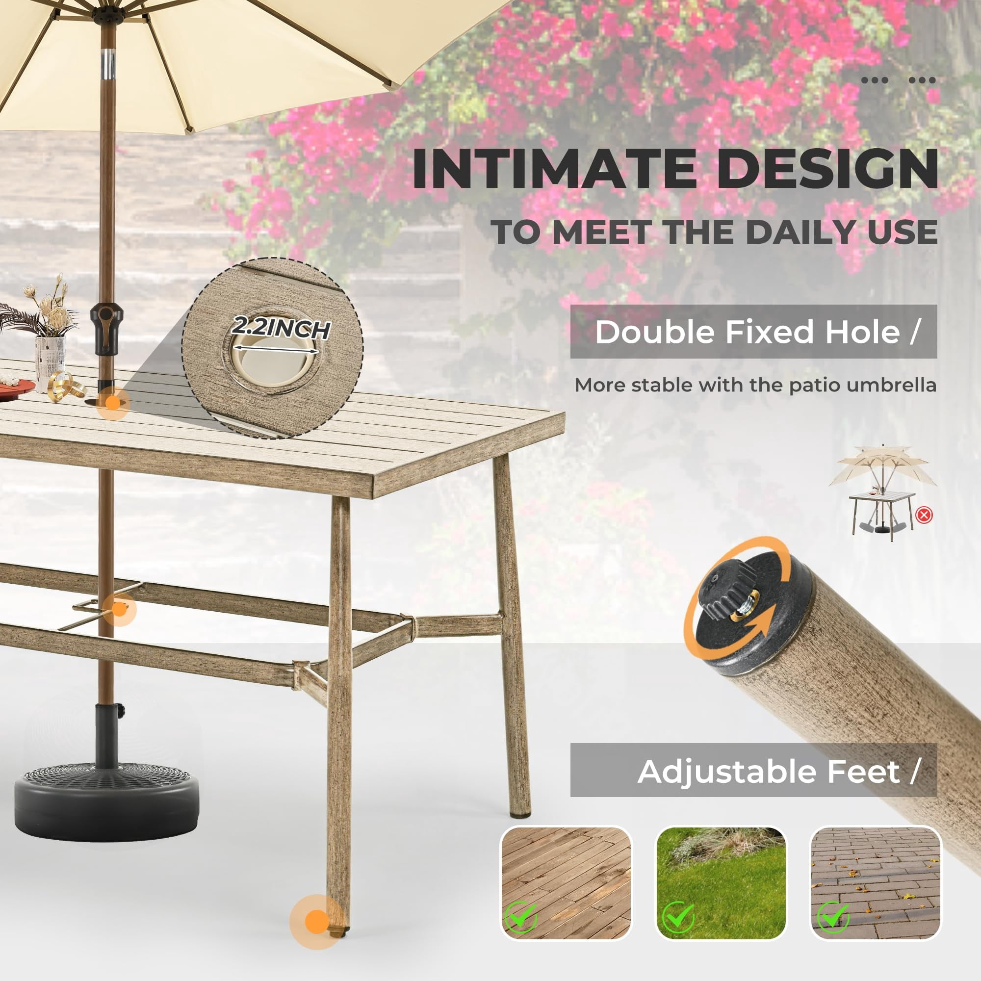 Patio Dining Table for 6, 60 Inch Outdoor Aluminum Table with Umbrella Hole, All Weather Rectangle Patio Table for Backyard Garden Deck Poolside, Brown