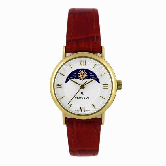 Peugeot Women's 26mm Sun-Moon Phase Gold Watch with Brown Leather Strap
