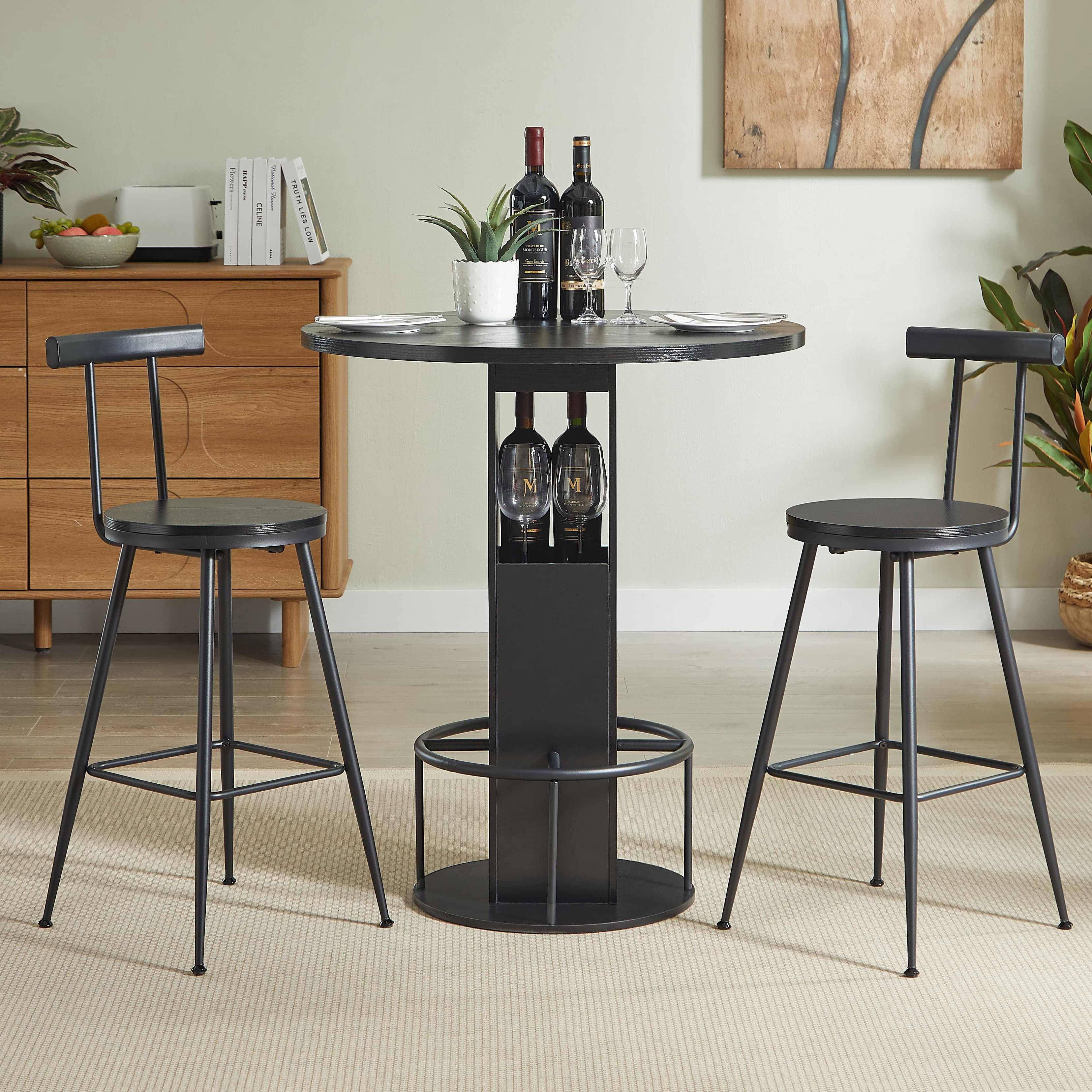 Aukfa Round Dining Table Set for 2, Dining Table with 2 Bar Stools, Storage Base & Footrest,Space-Saving Kitchen & Dining Table Set,Black