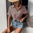 thumbnail image 4 of XFLWAM Women's Short Sleeve Button Down Shirts Striped Office Casual Business Summer Blouses Coffee S, 4 of 6