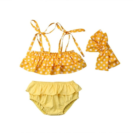 

Little Girls 3PCS Bikini Set Polka Dot Crop Bra Ruffle Panty Bow Hair Band