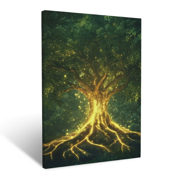 CozyNet A Glowing Tree Of Life With Radiant Roots In A Serene Green Garden Wall Art Prints With Frame Canvas Perfect for Living Room & Bedroom, Ready to Hang, Wall Decor 12"x16"