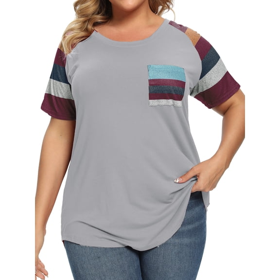 ZXSXSY Women Plus Size Round Neck Short Sleeves Colorblock Tunic Shirt XL-5XL