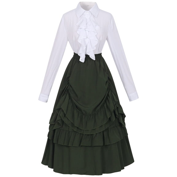 Juosiy Women's Vintage Steampunk Gothic Victorian Renaissance Dress Set Plus Size Lapel Ruffled Design Long Sleeve Pleated Skirts